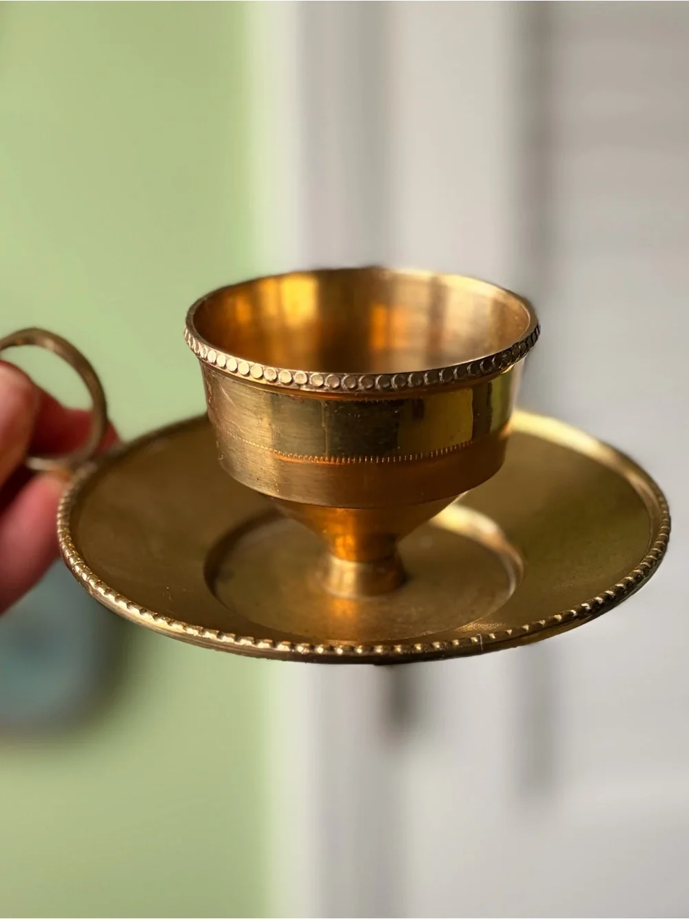 Vintage Golden Metal Chamber Style Candle Holder with Beaded Rim